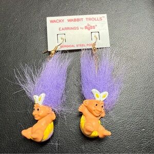Vintage Wacky Wabbit Purple Hair Troll Earrings by Russ New Easter Novelty